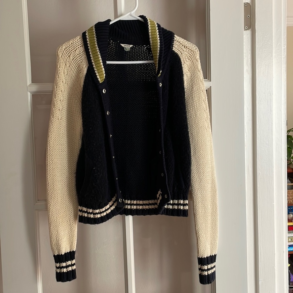 Thick stretchy Fossil letterman cardigan